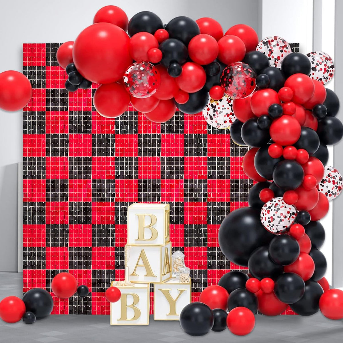12PCS Black Red Shimmer Wall Backdrop, Square Sequin Photo Backdrops Panel, Glitter Wall Background