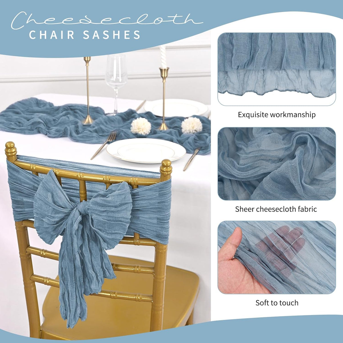 50 PCS Cheesecloth Chair Sashes, Bows Designed ChairSashes, 15.7x70 inch Chair Sashes for Aisle
