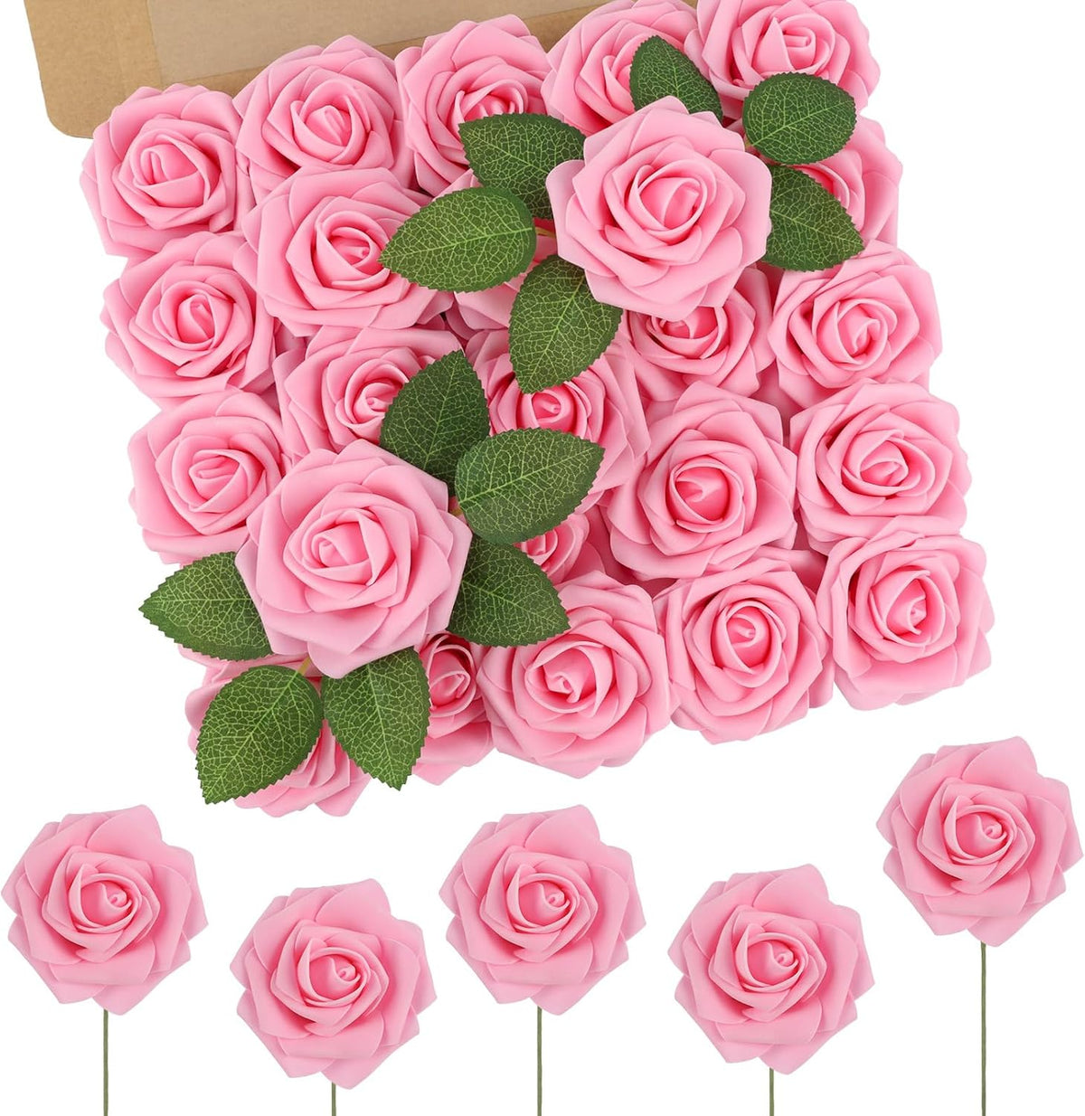 N&T NIETING Artificial Flowers Pink Roses, 50Pcs Fake Flowers Foam Roses with Stems for DIY Wedding