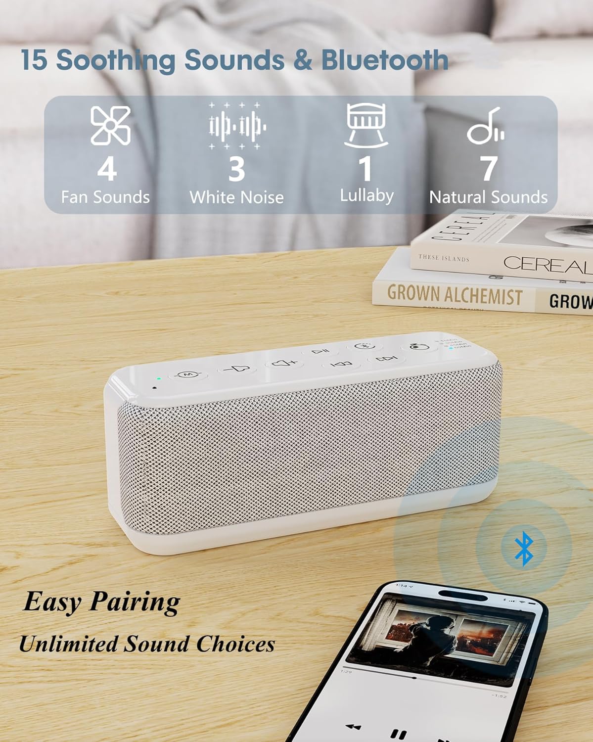 White Noise Sound Machine with Bluetooth,3000mAh Battery Powered,40H Long Lasting,Hi-Fi