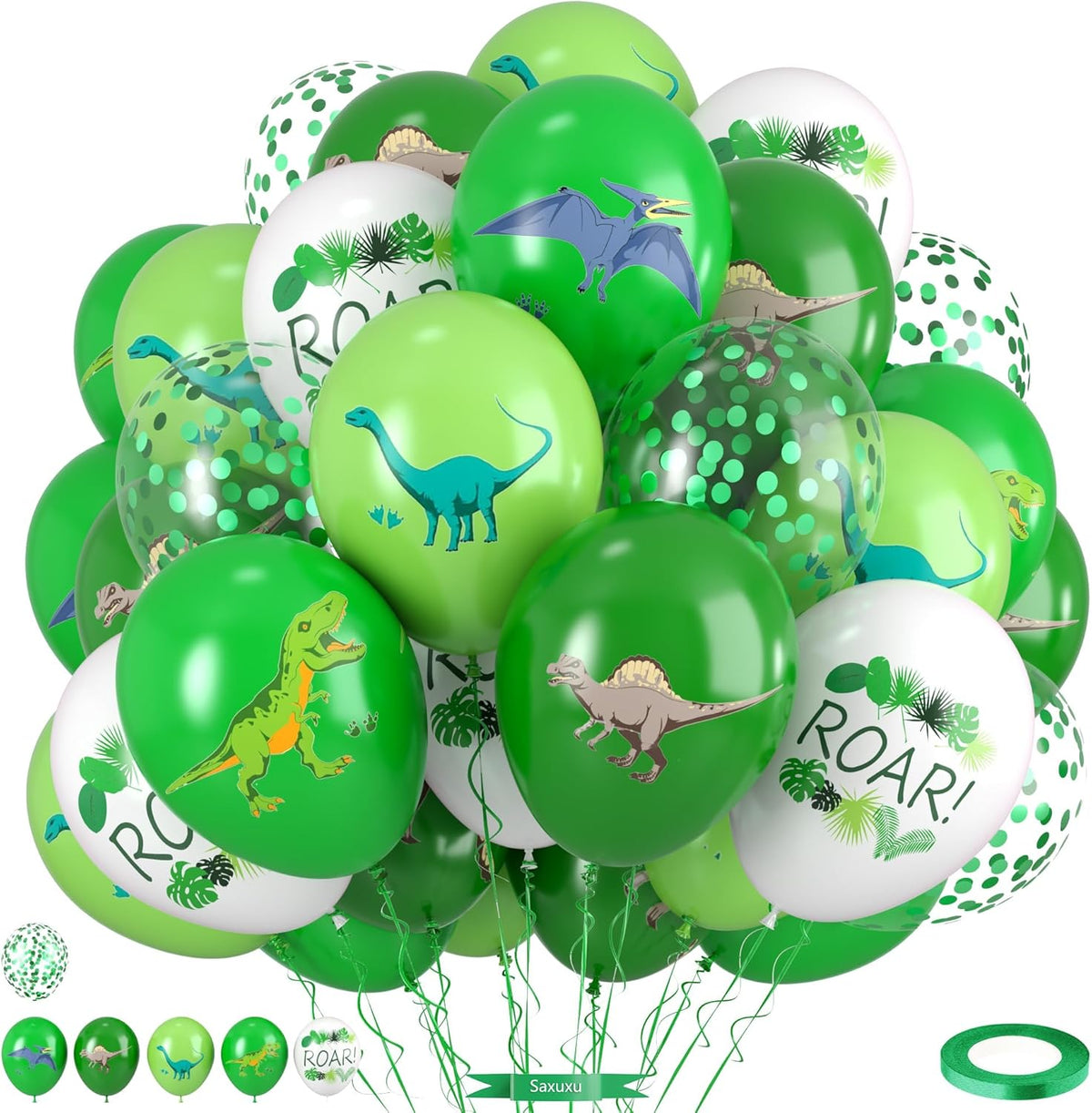 Dinosaur Balloons, 12 Inch Fruit Lime Dark Green White Confetti Balloons with Dinosaur Printed