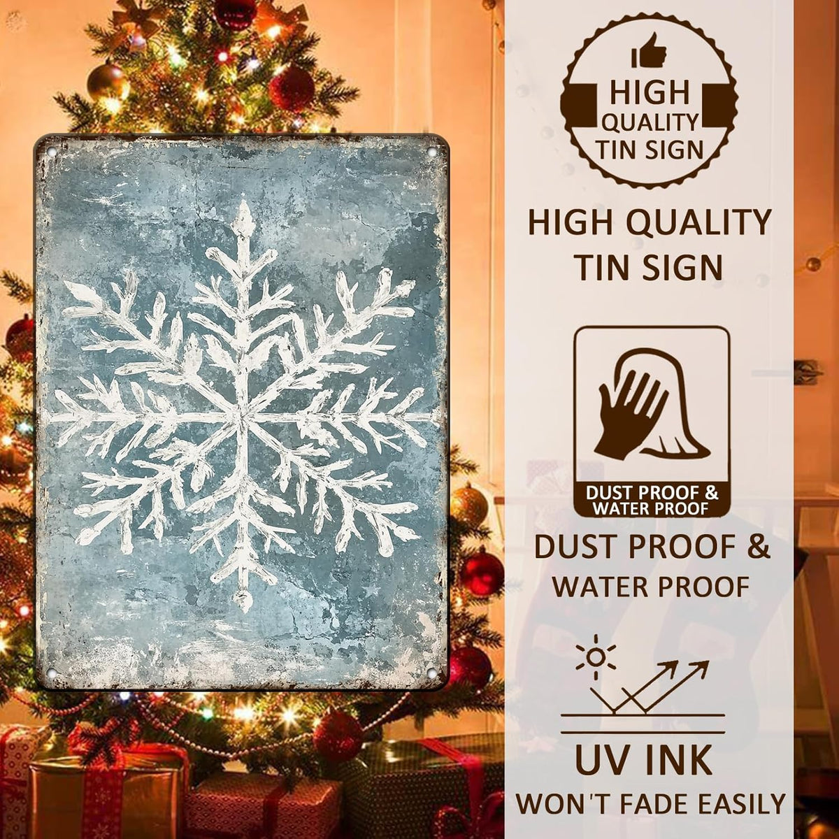 Vintage Christmas Tin Sign - Winter Snowflakes Metal Tin Sign - Wall Decor Sign for Outdoor