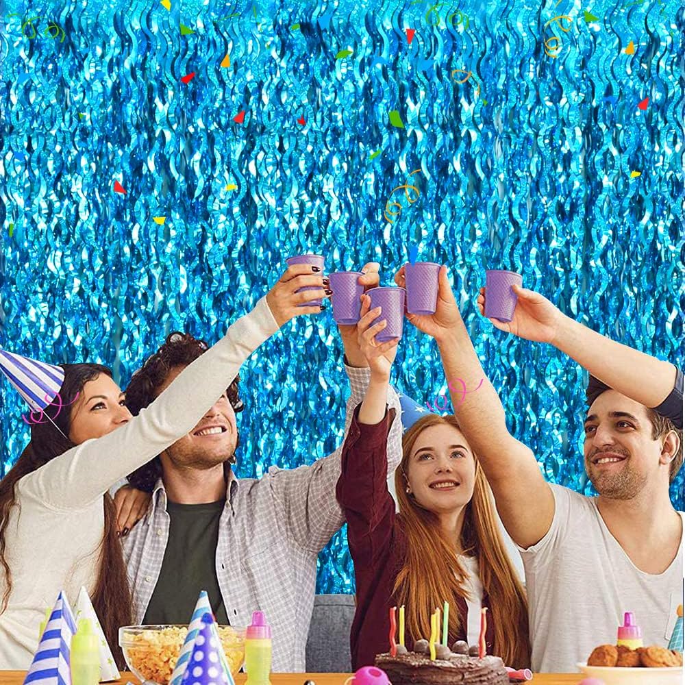 TONIFUL 3Pcs Wavy Metallic Tinsel Foil Fringe Curtains Teal Blue Streamer Backdrop for Photo Booth