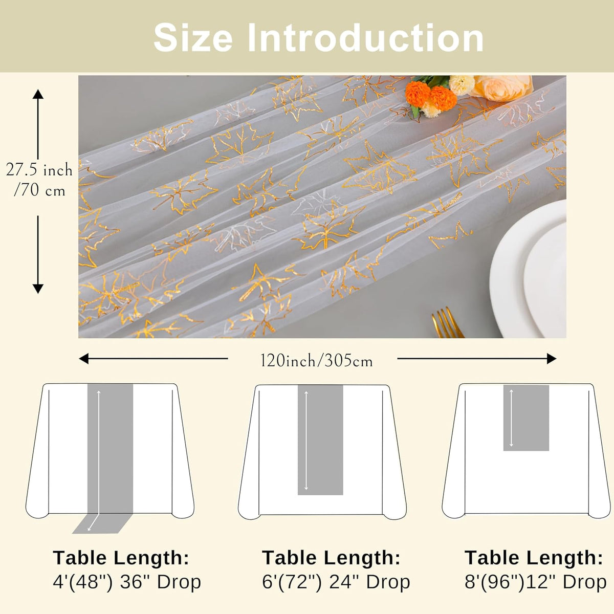 Snowkingdom Fall Table Runner, 10ft Gold Maple Leaves Gauze Chiffon Table Runners, Thanksgiving