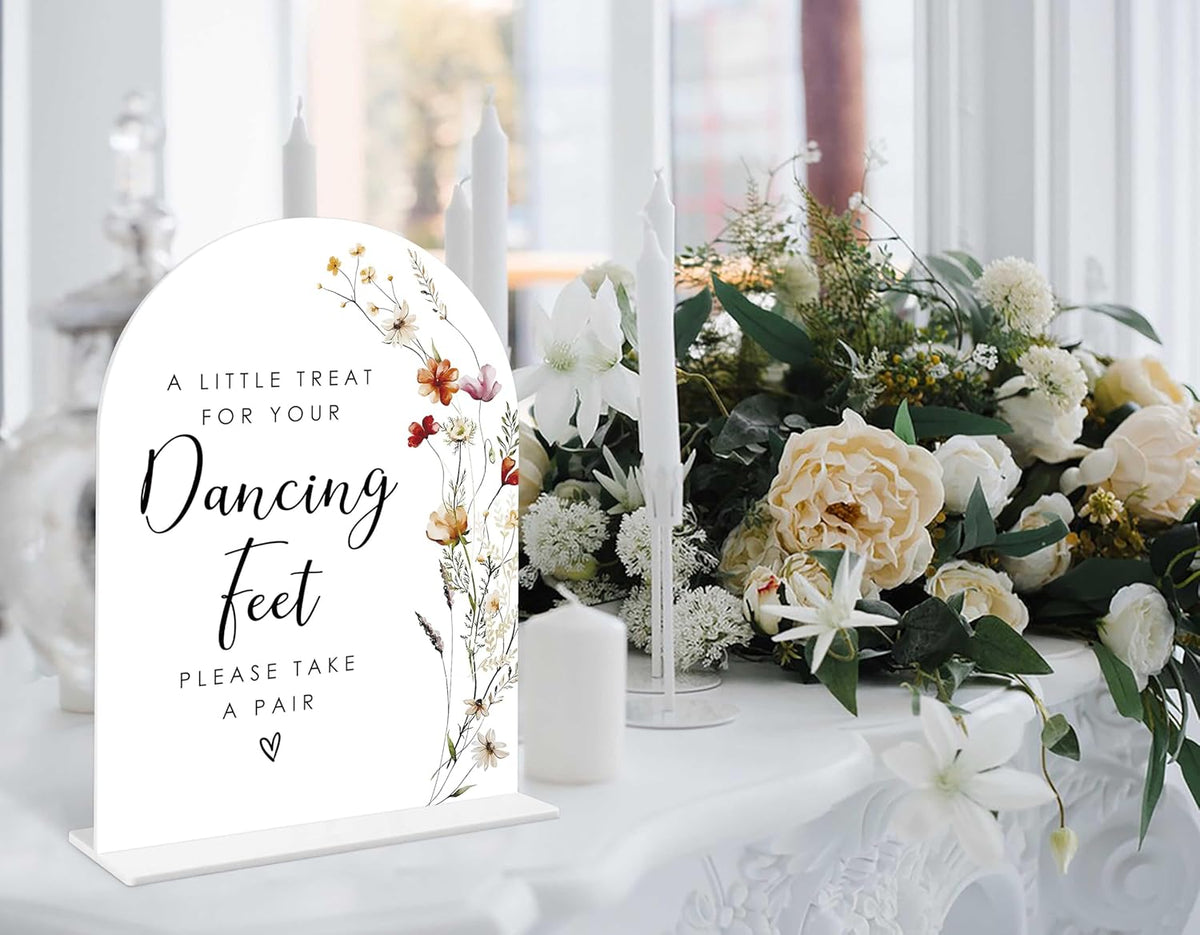 Boho Floral Dancing Feet Sign, 6 x 8 Inch White Arch Acrylic Wedding Sign with Holder, Wedding Sign