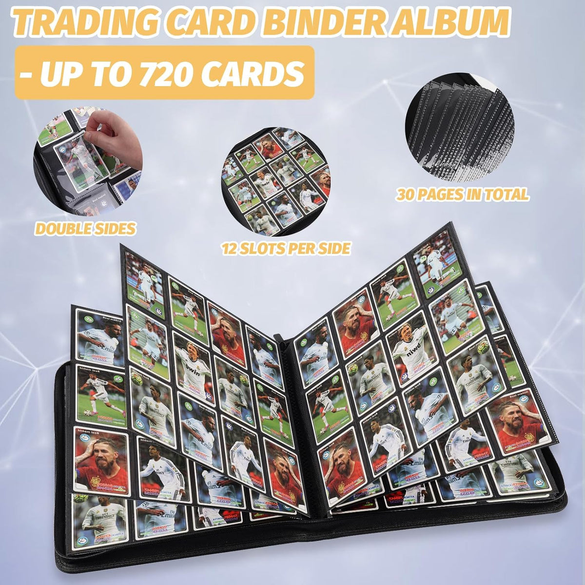 Trading Card Binder, Card Collection Binder Album Folder with 720 Side Loading Pockets, 12 Pocket