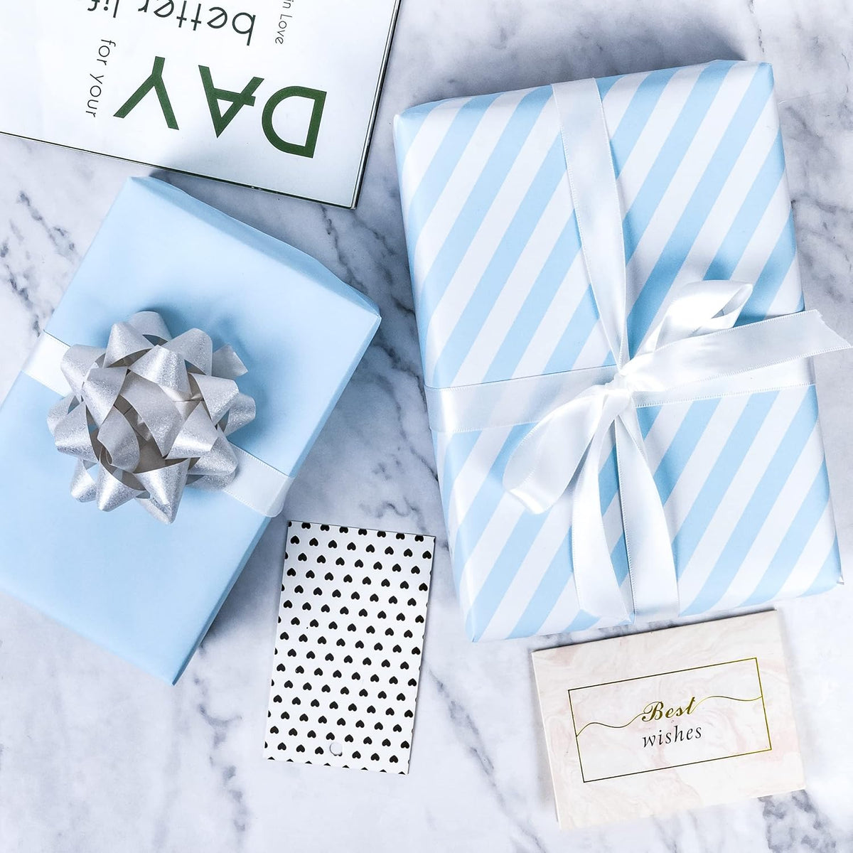 WRAPAHOLIC Reversible Wrapping Paper - Mini Roll - 17 Inch x 33 Feet - Baby Blue and Stripes Design