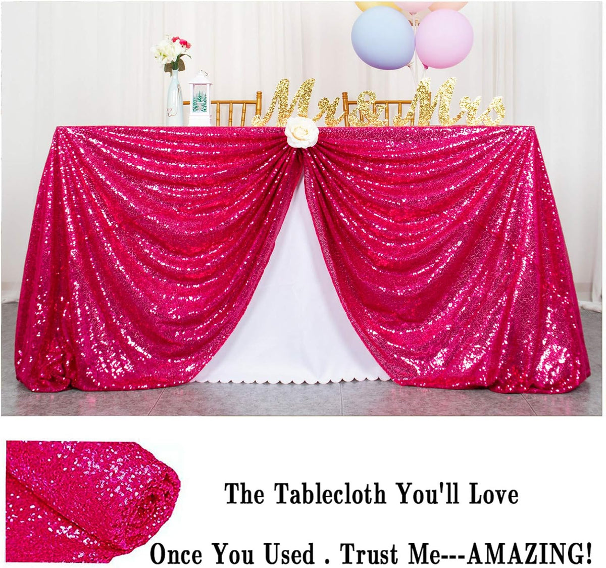 ShinyBeauty Sequin Tablecloth 72x72-Inch Hot Pink Square Sequin Table Cover Glitter Table Cloth for