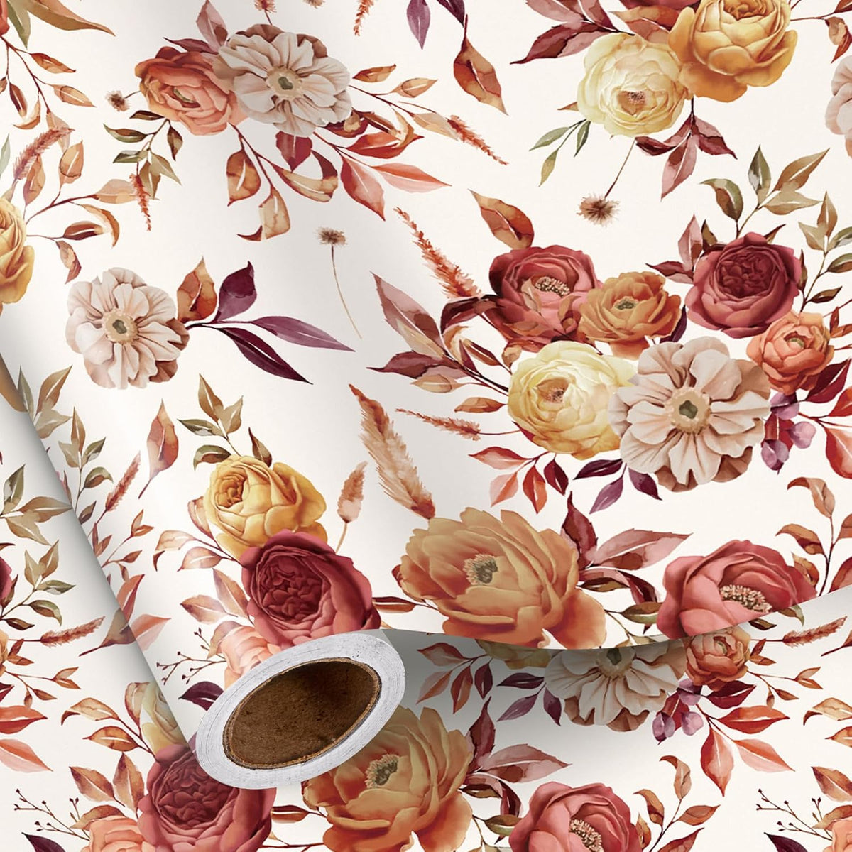 RUSPEPA Fall Floral Wrapping Paper Roll for Women Girls, Mini Roll, Vintage Rose and Autumn Bloom