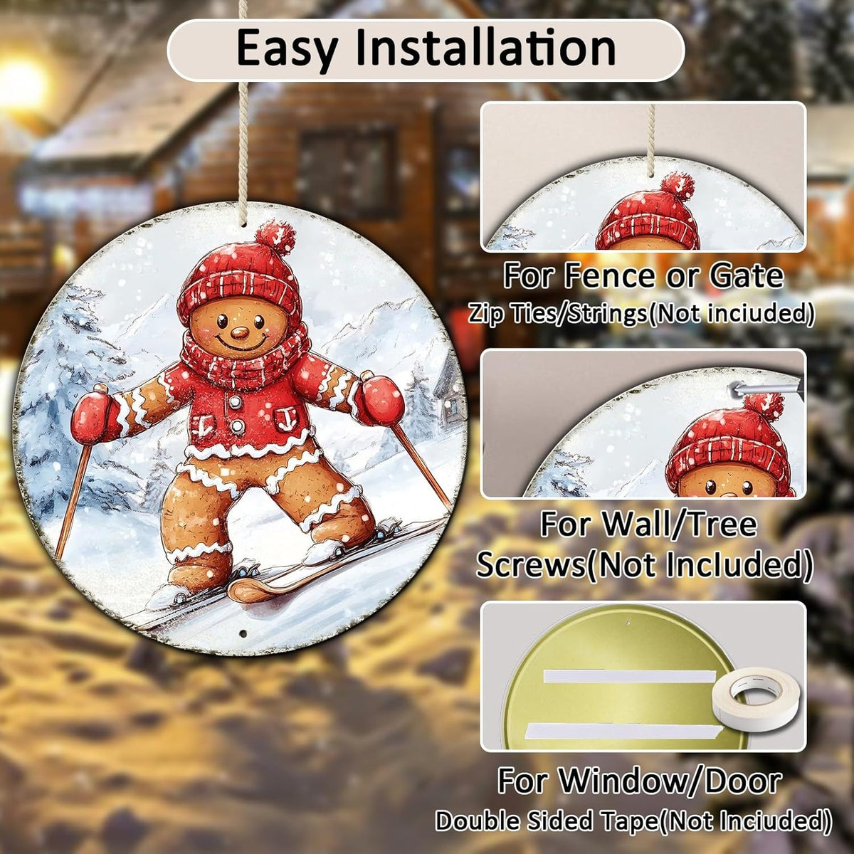 Round Gingerbread Man Ski Vintage Metal Sign Skiing Sign, Office Sign Home Décor Ski Lodge Décor
