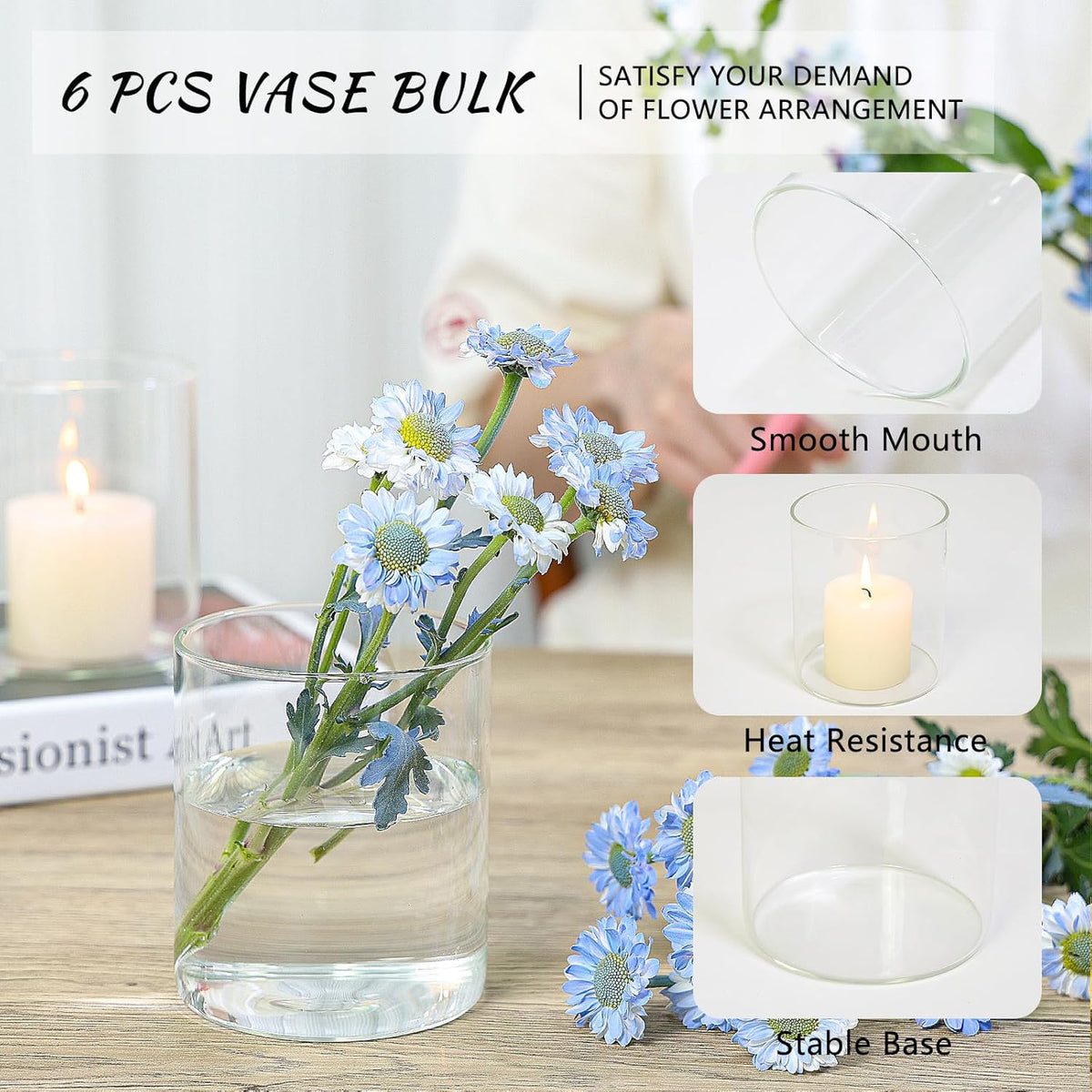 Glass Cylinder Vase Set of 6 for Centerpieces, 5 Inch Short Clear Flower Vases Bulk, Glass