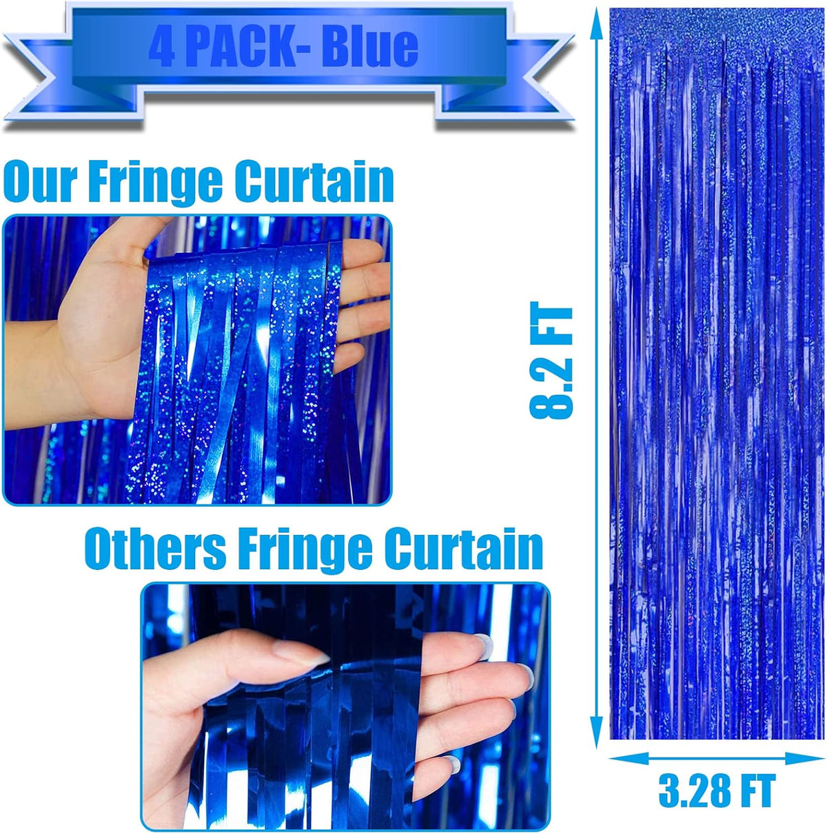 4 Pack Blue Tinsel Foil Fringe Curtain Backdrop, 3.28Ft x 8.2Ft Metallic Streamers for Photo Booth
