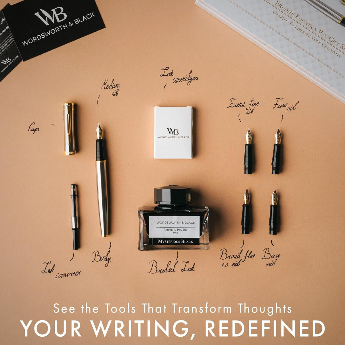 Wordsworth & Black Fountain Pen Gift Set, Includes Ink Bottle, 6 Ink Cartridges, Refill Converter