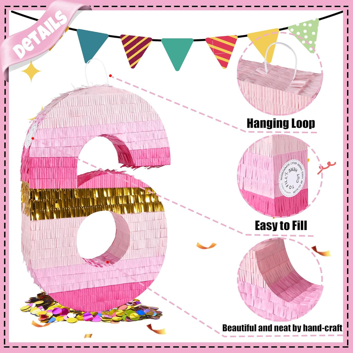 PCFING 20 Inch Number 6 Piñata Pink Gold with 30 Inch Piñata Stick Blindfold Confetti for Boys