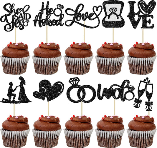 Ephlyn 30Pcs He Asked She Said Yes Cupcake Toppers Glitter Engagement Cupcake Toppers Diamond Ring