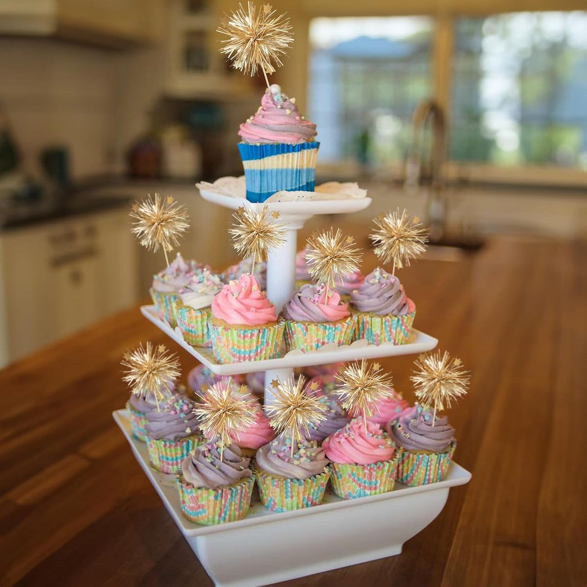 Gyufise 30Pcs Foil Firework Cupcake Toppers Happy Birthday Cake Toppers Sparkle Tinsel Flower Drink