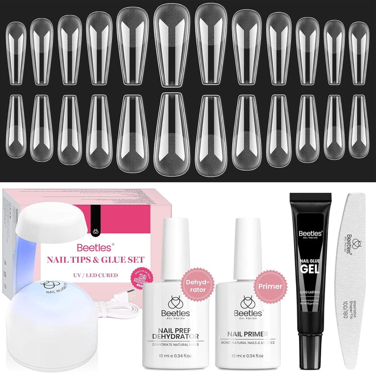 Beetles Gel Nail Kit Long Coffin with Nail Dehydrator and Primer, 576Pcs Half Matte Etch-X Gel Nail