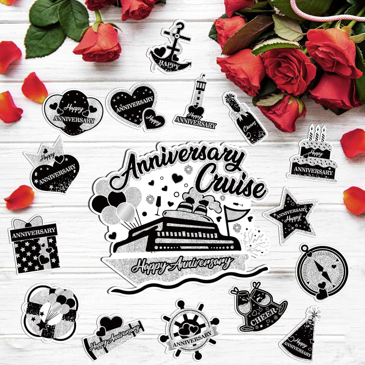 Happy Anniversary Cruise Door Magnets Decorations,Black Silver Happy Anniversary Cruise Ship Door