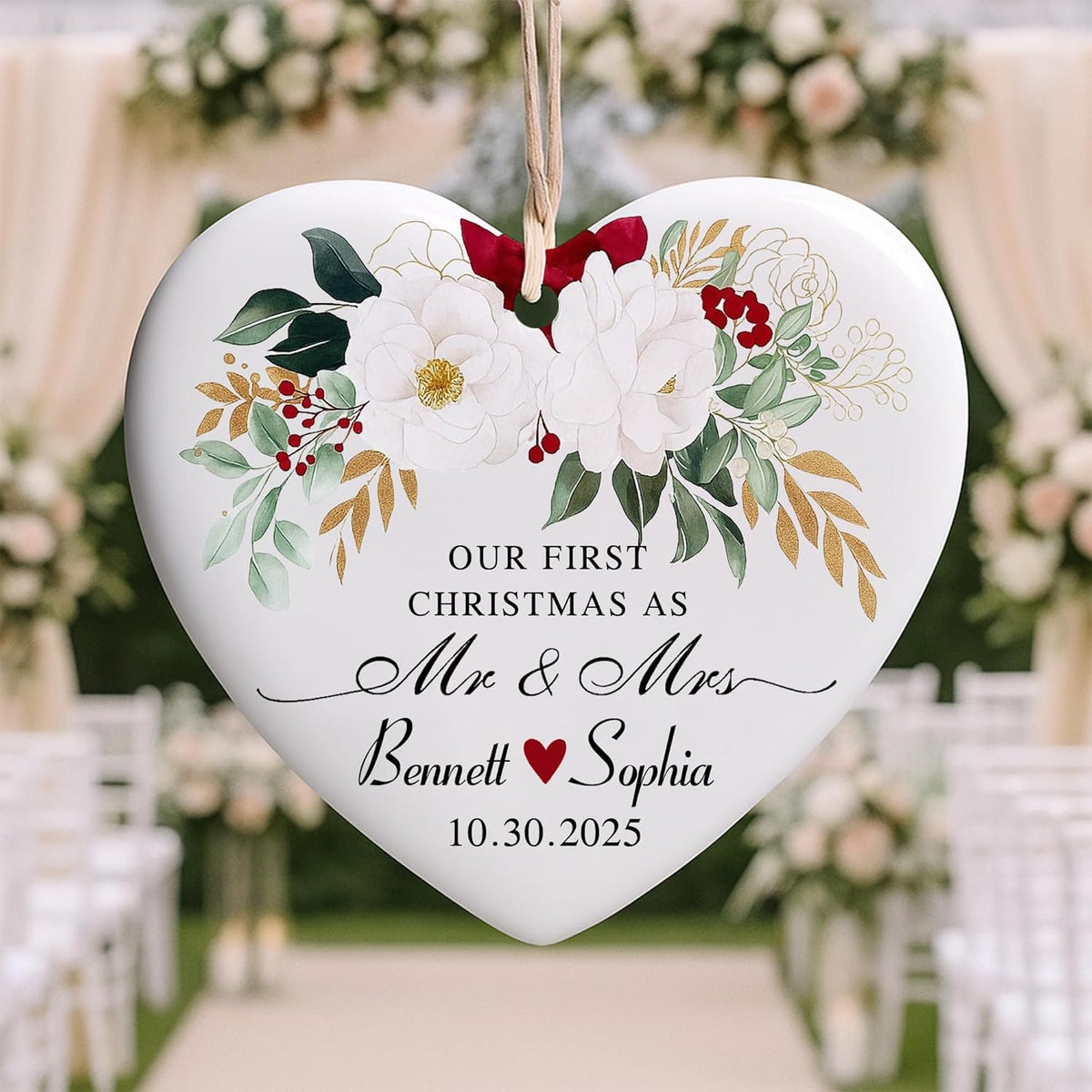 Love Signal Personalized Married Ceramic Ornament, Our First Christmas As Mr Mrs 2025 Ornaments