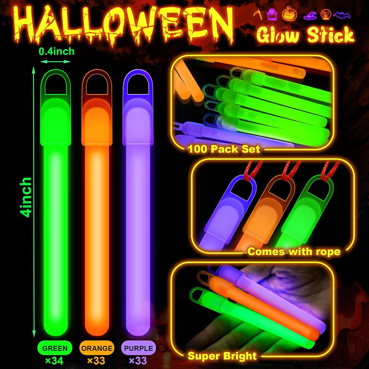 Lewtemi 4" or 6" 100 Pack Bright Glow Sticks Bulk, Glow in The Dark Party Supplies Birthday and