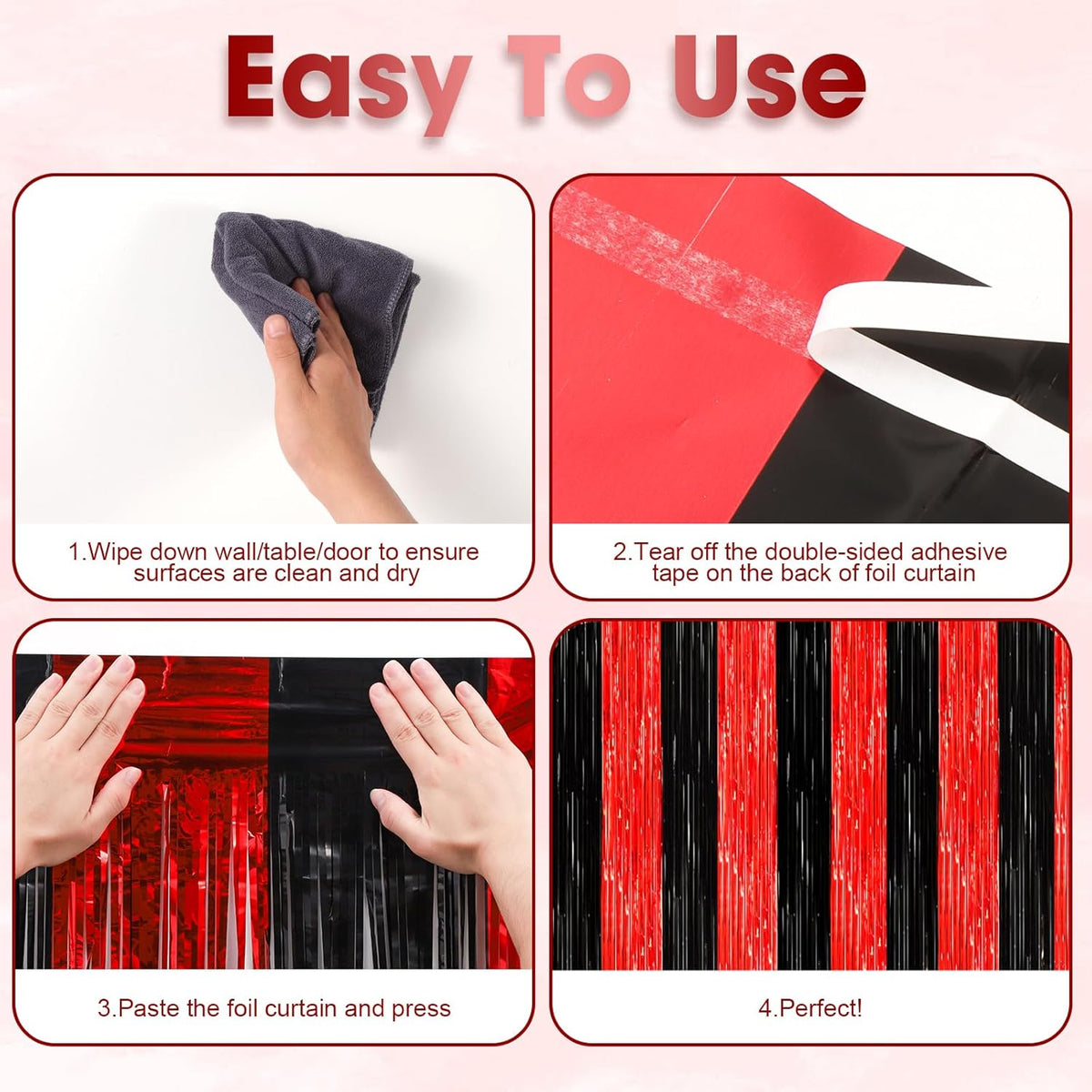 2 Pack Red and Black Tinsel Foil Fringe Curtains, Red and Black Party Decorations, Metallic Tinsel
