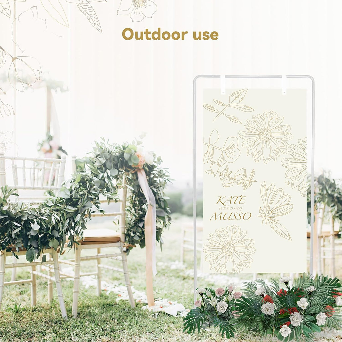 Wedding Sign Holder, Adjustable Welcome Sign Stand w/ Leather Hanging Strap, Satin Ribbon &