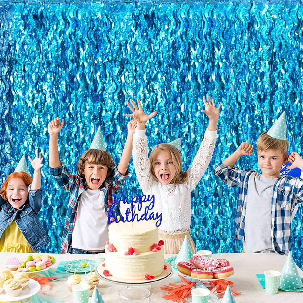 TONIFUL 3Pcs Wavy Metallic Tinsel Foil Fringe Curtains Teal Blue Streamer Backdrop for Photo Booth
