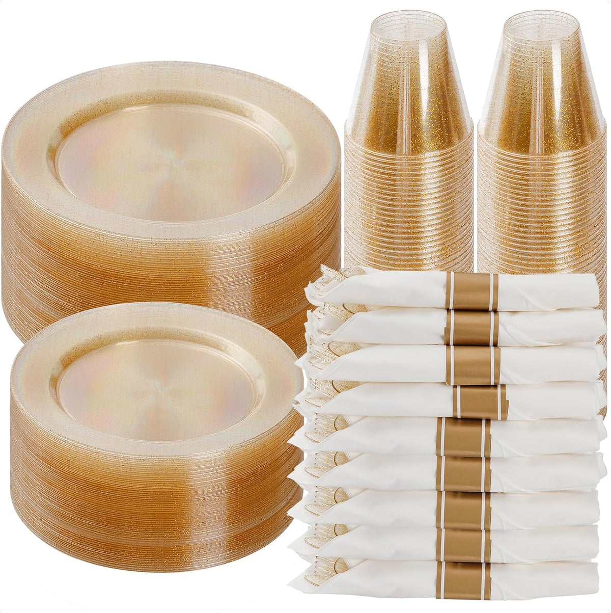 Goodluck 350 Piece Gold Glitter Plastic Dinnerware Set for 50 Guests, Disposable Plates for Party
