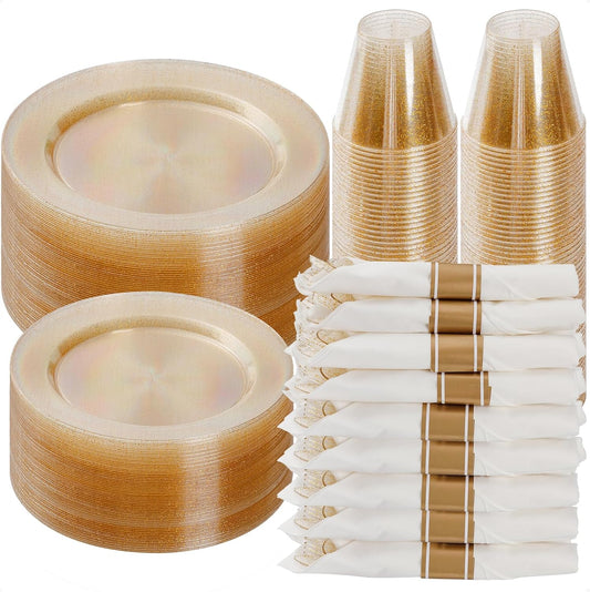 Goodluck 350 Piece Gold Glitter Plastic Dinnerware Set for 50 Guests, Disposable Plates for Party