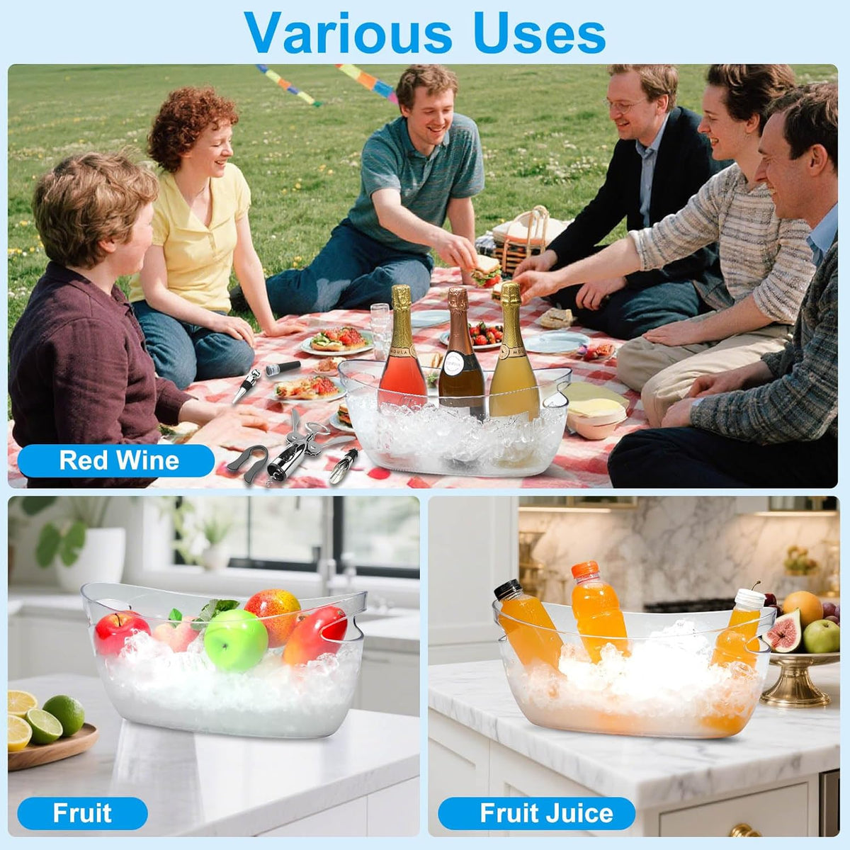 KITHELP 2 PCS Ice Buckets for Parties, 5.5L Ice Bucket with Scoops and Metal Wine Bottle Opener