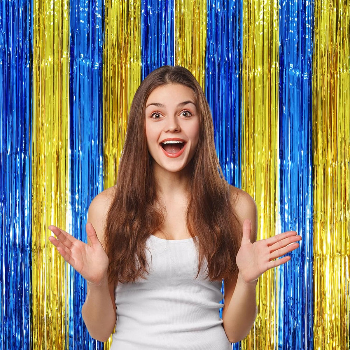 2 Pack Blue Gold Foil Fringe Backdrop Curtains, Graduation Tinsel Streamers Party Decorations