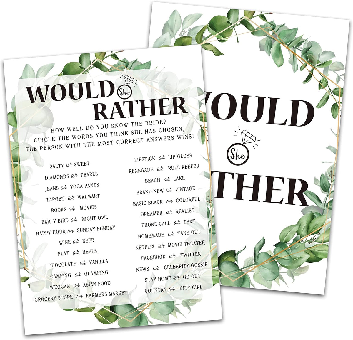 Bridal Shower Game Cards, Would She Rather Game, Tropical Jungle Theme Engagement Party Cards For