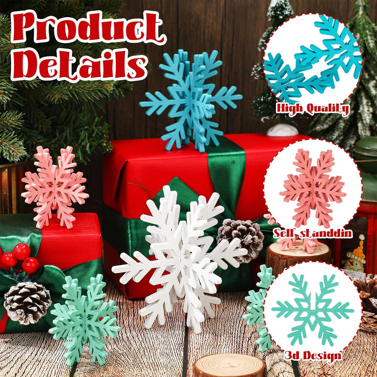 Bucherry 12 Pcs Wooden Snowflake Table Decor 3D Snowflake Tabletop Signs and Centerpiece for