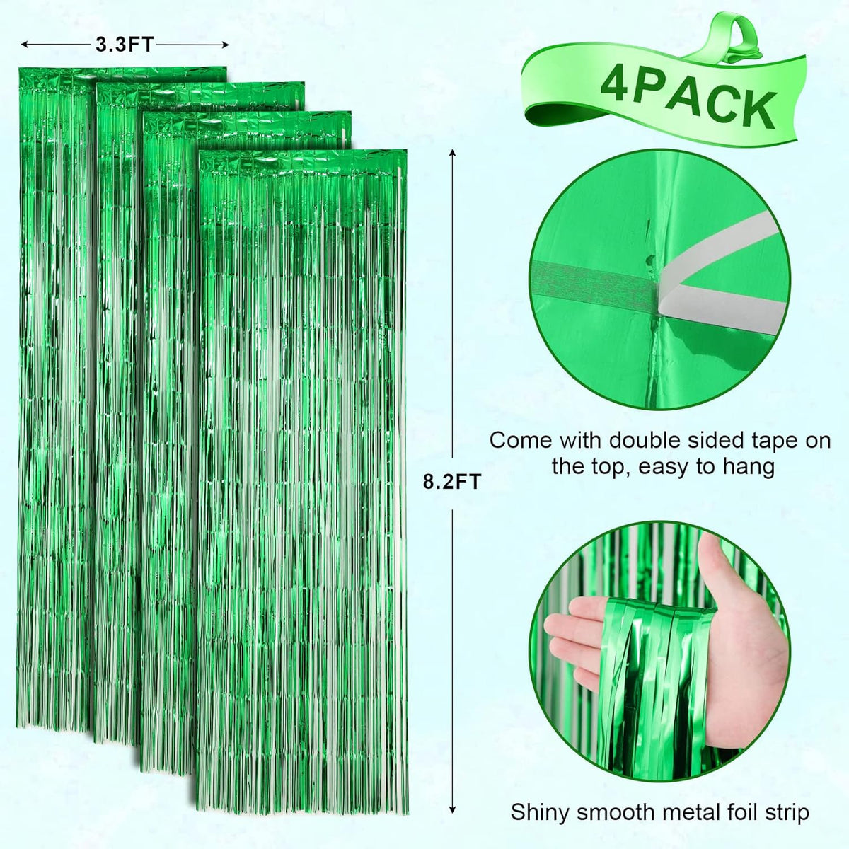 4 Pack Green Foil Fringe Backdrop Curtains, Tinsel Streamers Birthday Party Decorations, Fringe