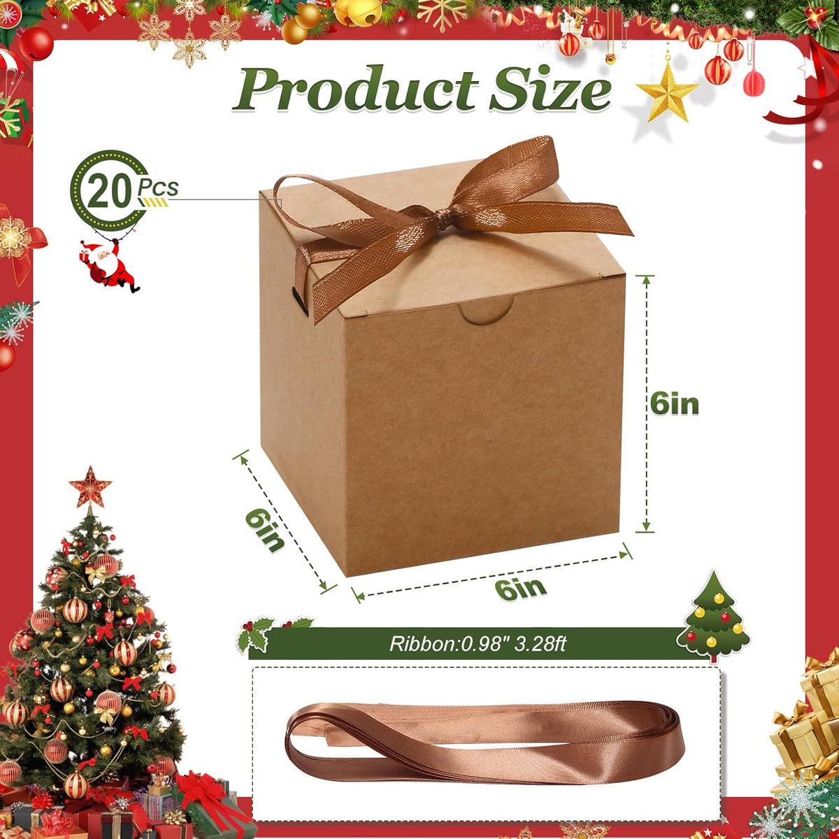 DOYIDE 20 Pack Small Gift Boxes, 6x6x6 Inch Brown Elegant Paper Boxes with Ribbons, Christmas Gift