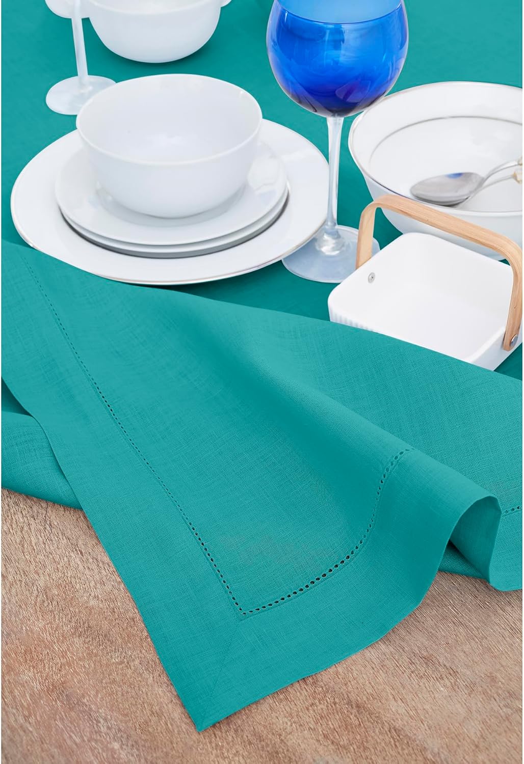 Solino Home Linen Tablecloth 60 x 144 Inch - Classic Hemstitch 100% Pure Linen Teal Table Cloth for