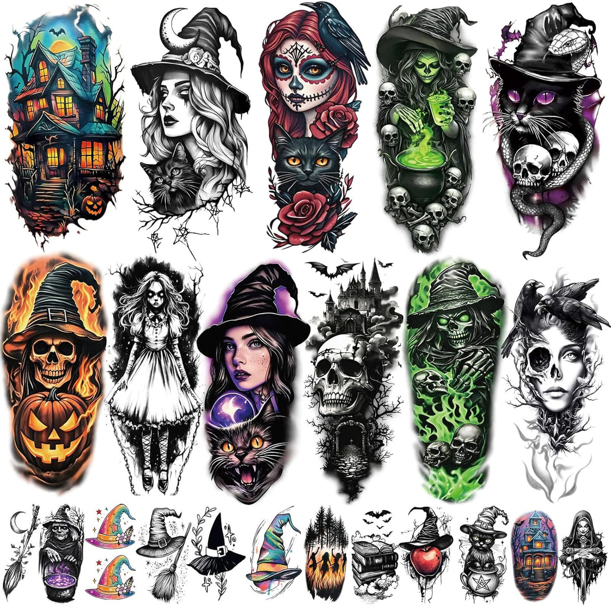 77 Sheets Witch Temporary Tattoos Women Men Adults, Skeleton Death Skull Pointed Black Hats Brooms