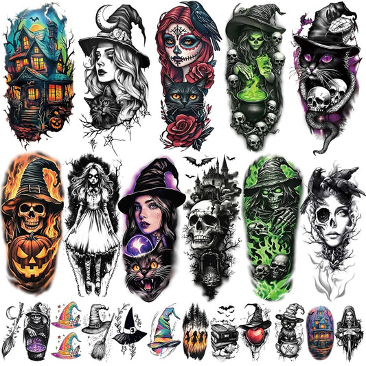 77 Sheets Witch Temporary Tattoos Women Men Adults, Skeleton Death Skull Pointed Black Hats Brooms