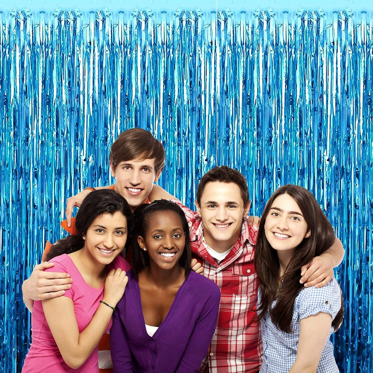 4 Pack Lake Blue Foil Fringe Curtain Backdrop, 3.3Ft x 9.8Ft Metallic Tinsel Foil Fringe Streamers