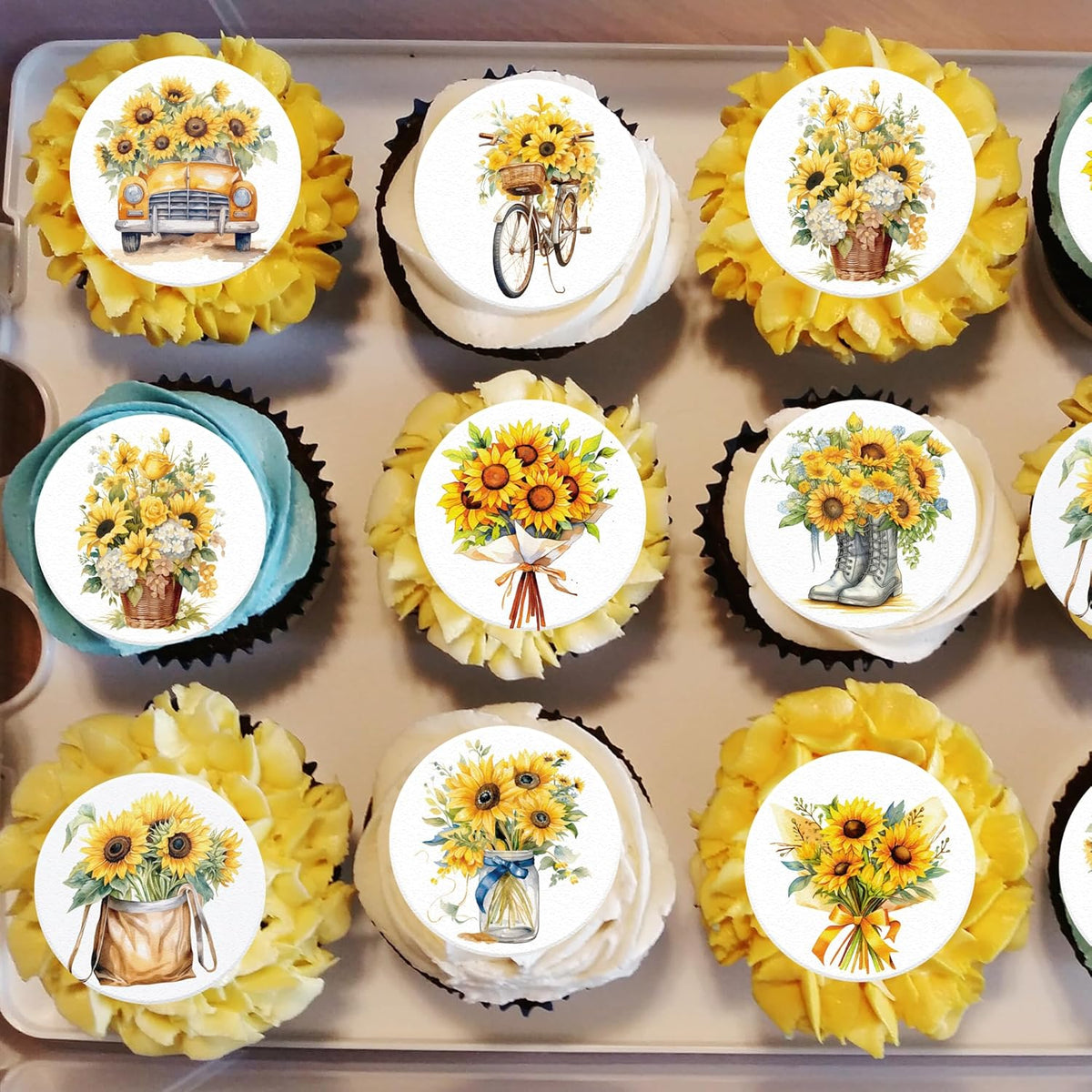 36 Pack Edible Sunflowers Cupcake Toppers Wafer Paper Floiwers Cupcake Picks Edible Yellow Sun