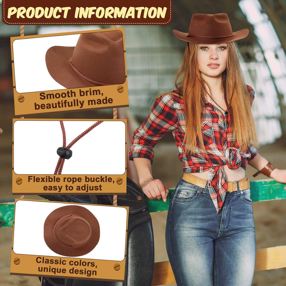 Mepase 24 Pieces Disposable Plastic Western Cowboy Hat Set Felt Wide Brimmed Cowgirl Hats for Men