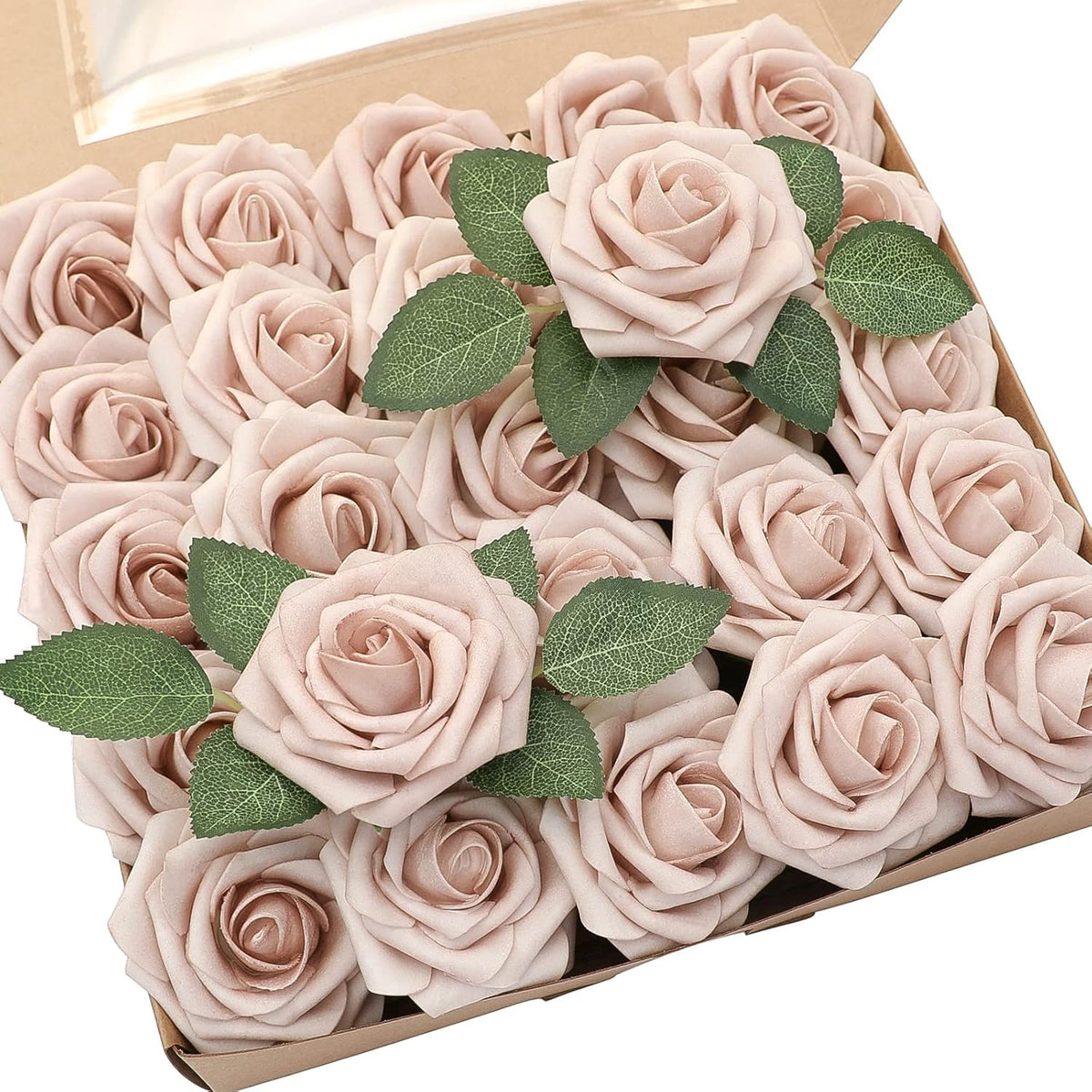 Floroom Artificial Flowers 25pcs Real Looking Nude Foam Fake Roses with Stems for DIY Wedding