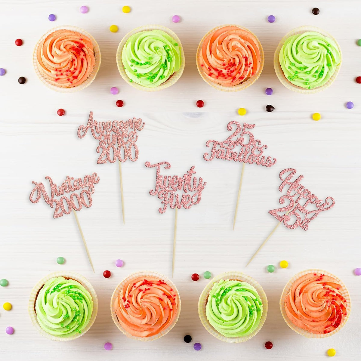 30Pcs Vintage 2000 Cupcake Toppers Glitter Twenty-Five 25 Fabulous Happy 25th Birthday Cupcake