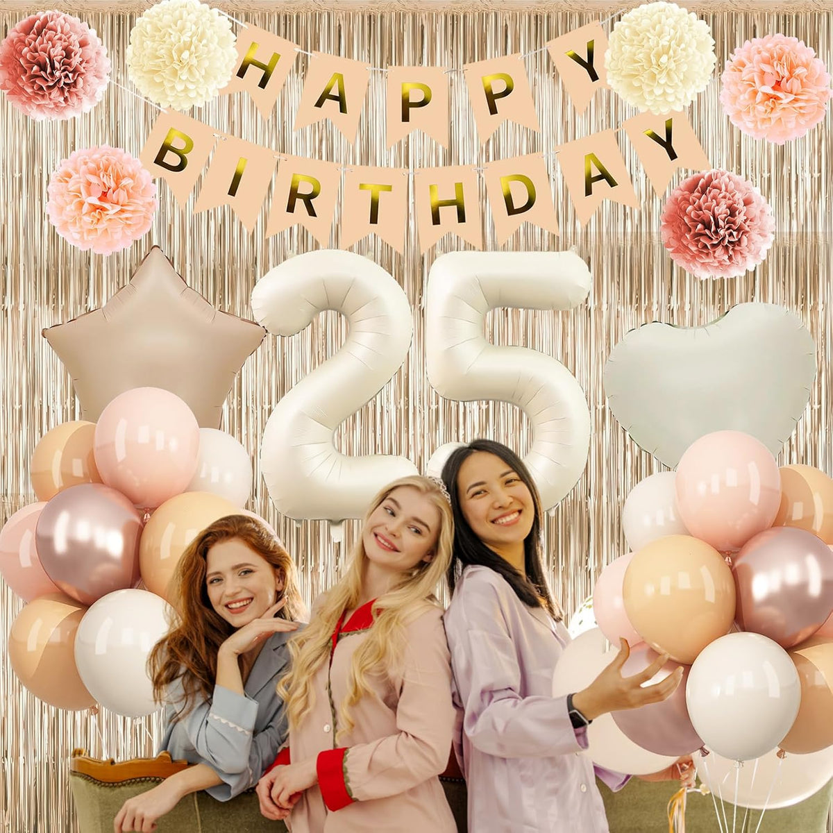 Beige 25th Birthday Decorations for Her Cream Number 25 Balloon Nude Gold Happy Birthday Banner