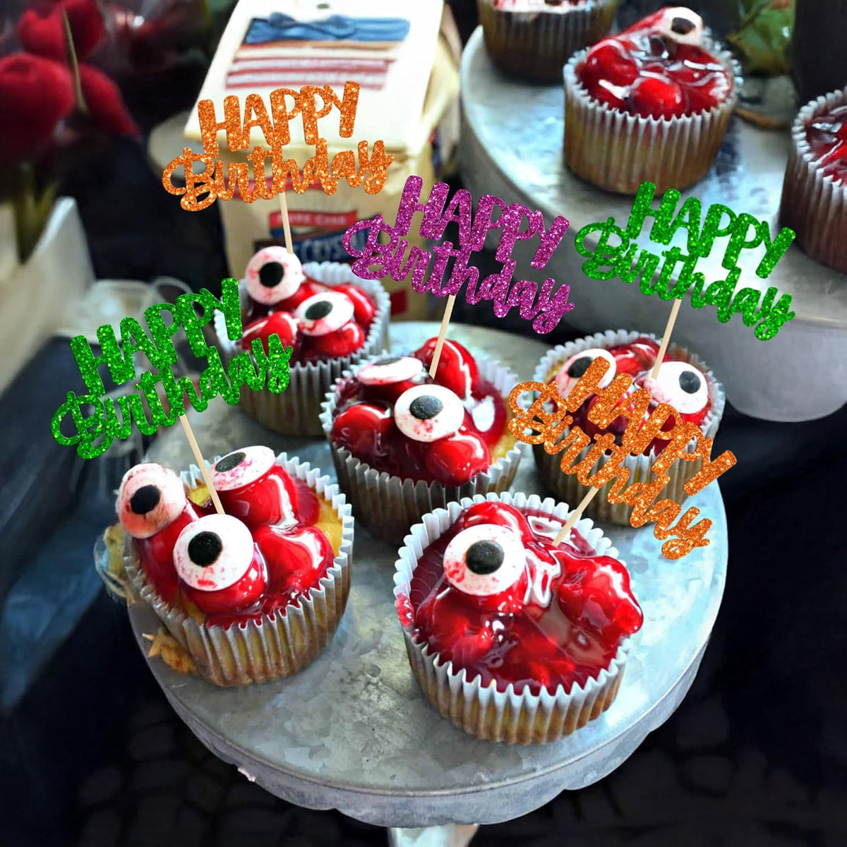 Gyufise 24Pcs Happy Birthday Cupcake Toppers Glitter Birthday Cupcake Food Picks for Celebrating