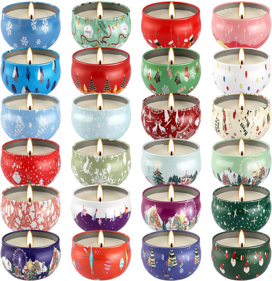 24Pack Christmas Scented Candle Tins Gift Set - Soy Wax Festive Candles 2.5oz- Long Lasting Burn