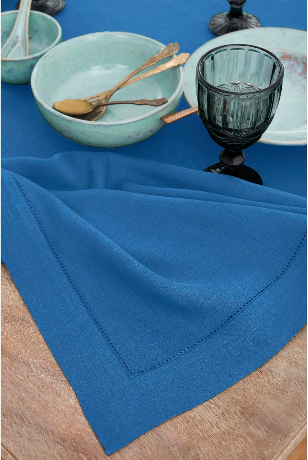 Solino Home Linen Tablecloth 60 x 120 Inch - Classic Hemstitch 100% Pure Linen Indigo Blue Table