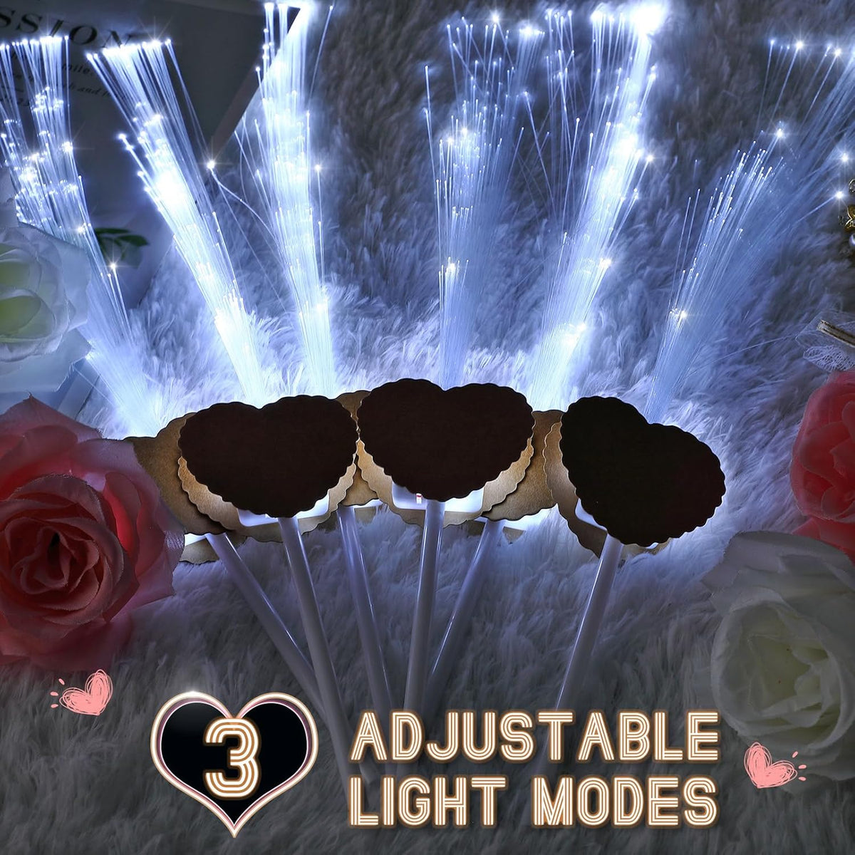 50 Pcs Wedding Sparklers Heart Shaped LED Glow Sticks Fiber Optic Wands Light up Wand with 3 Light