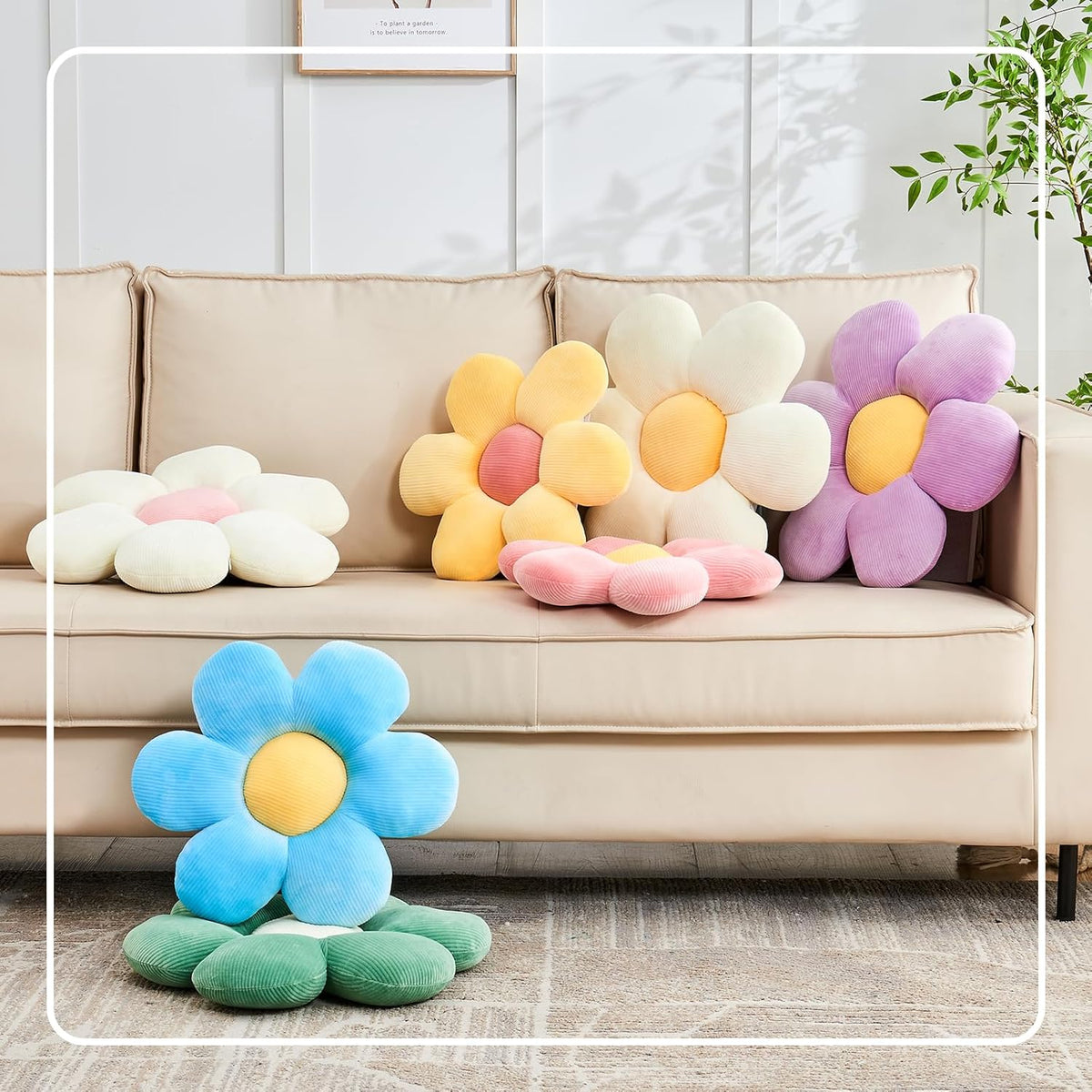 Blue Flower Pillow, 19.6" Cute Flower Shaped Floor Pillow, Aesthetic Floral Plush Daisy Decorative