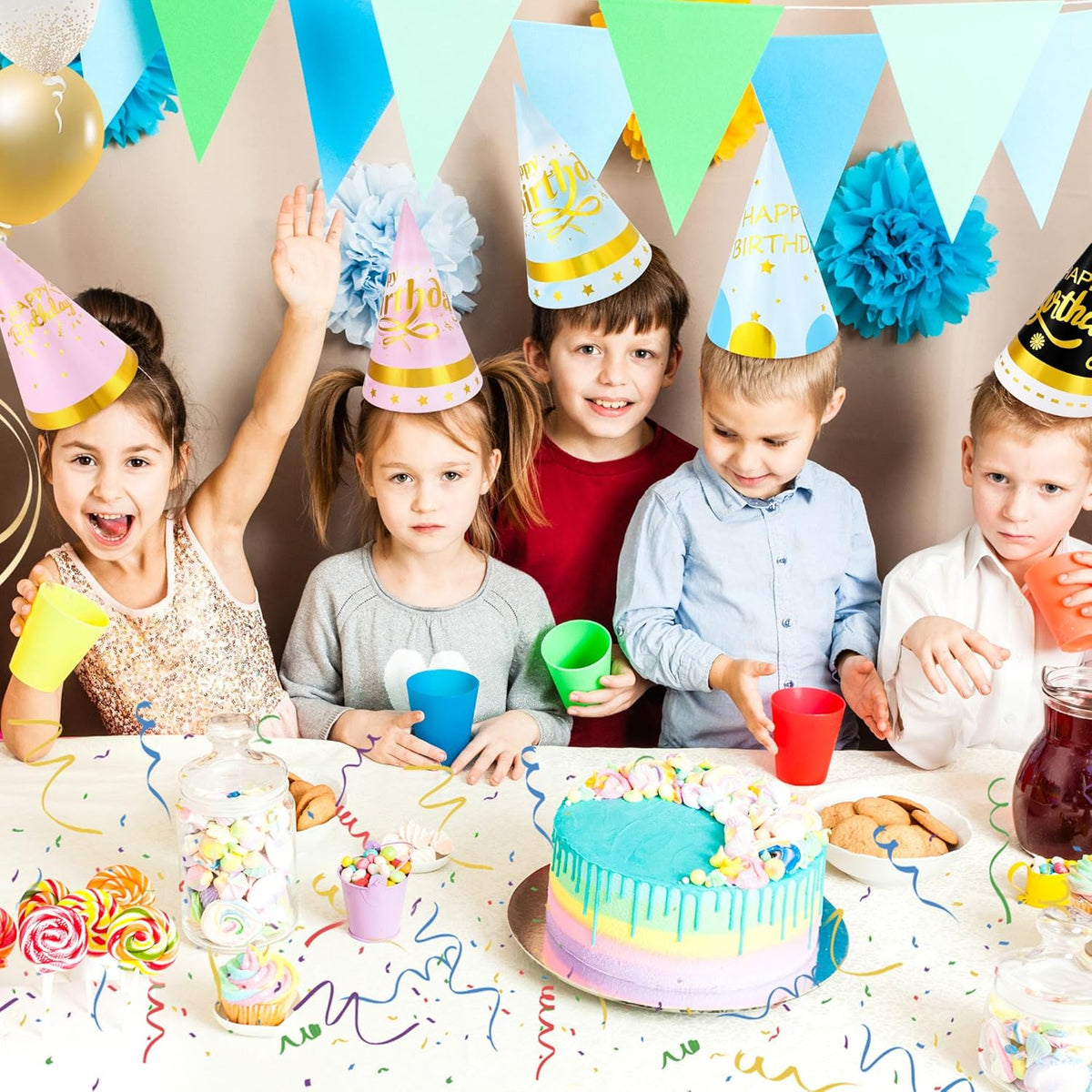 CANREVEL Party Hats for Kids and Adults, Birthday Party Headwear Supplies, Cone Hats Bulk for Girls